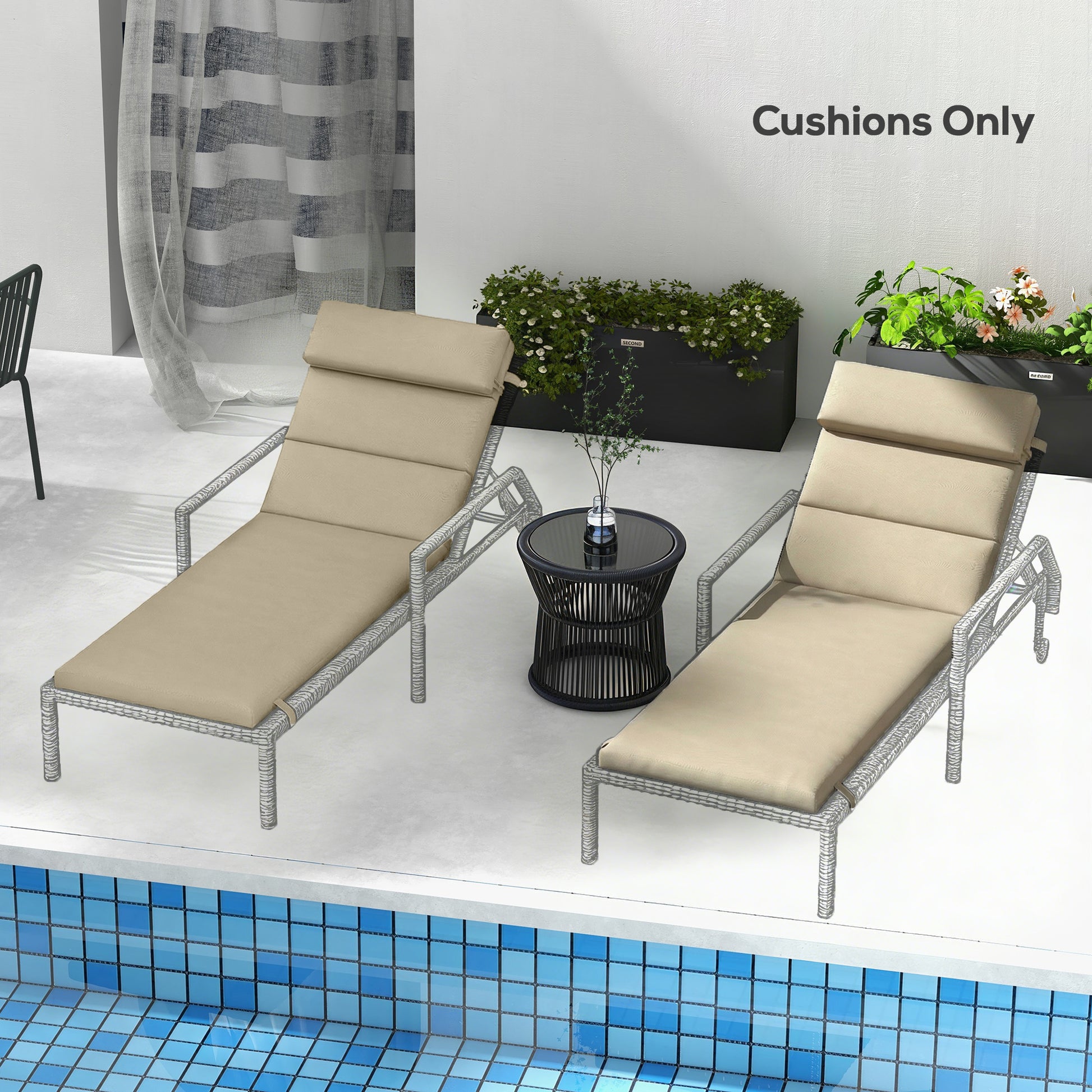 Patio Chaise Lounge Chair Cushions Replacement Sun Lounger Pads with Headrest and Ties, Set of 2, Beige