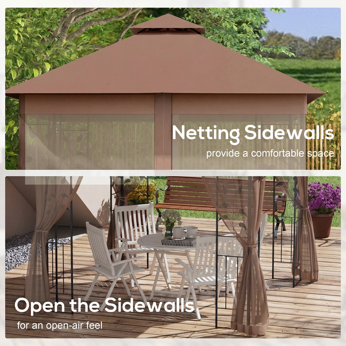 10'x10' Soft-top Steel Patio Gazebo Outdoor Sun Shelter with 2-Tier Polyester Roof, Curtain Sidewalls, Dark Brown
