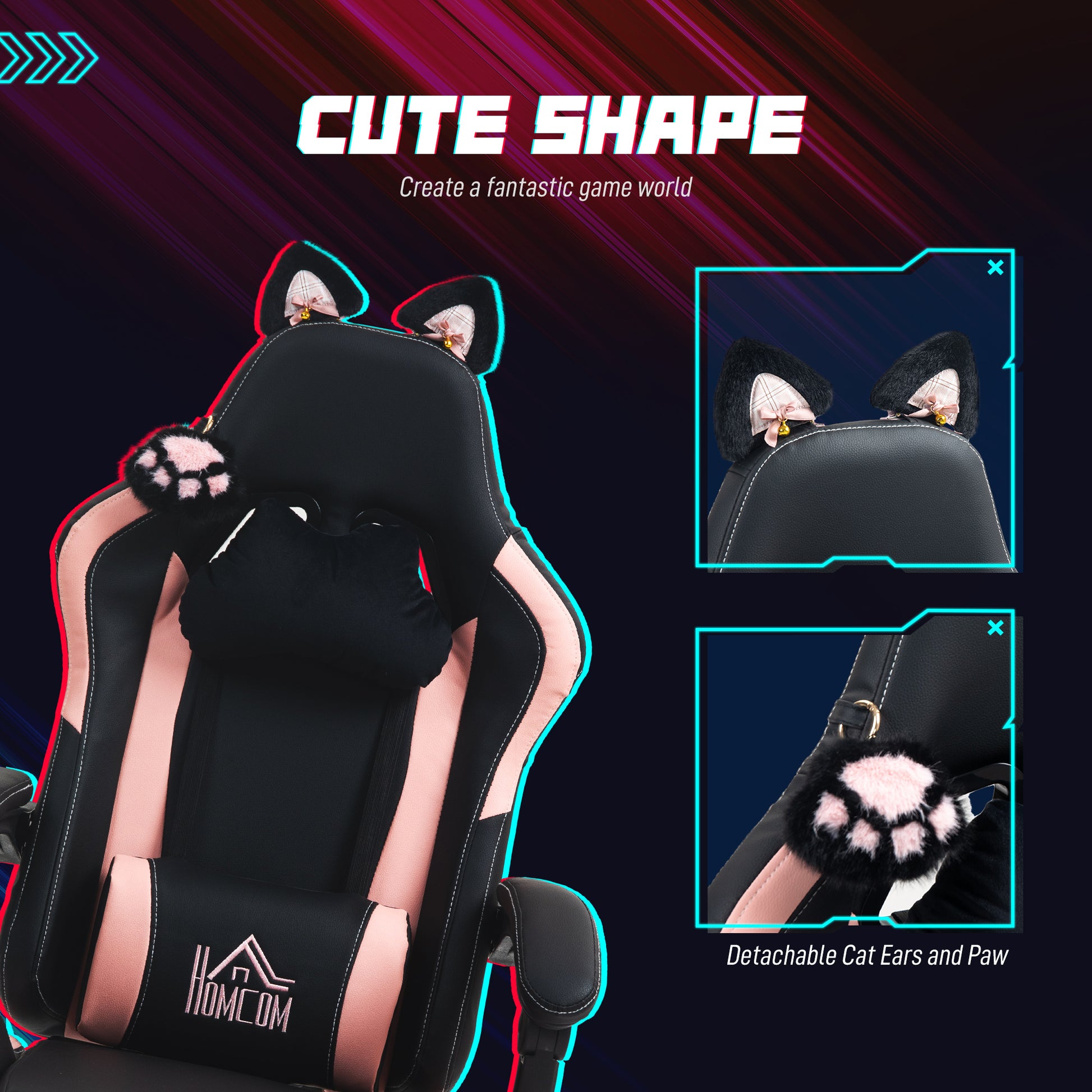 Cute Racing Gamer Chair, Faux Leather Gaming Chair with Footrest, Headrest and Lumbar Support, Black