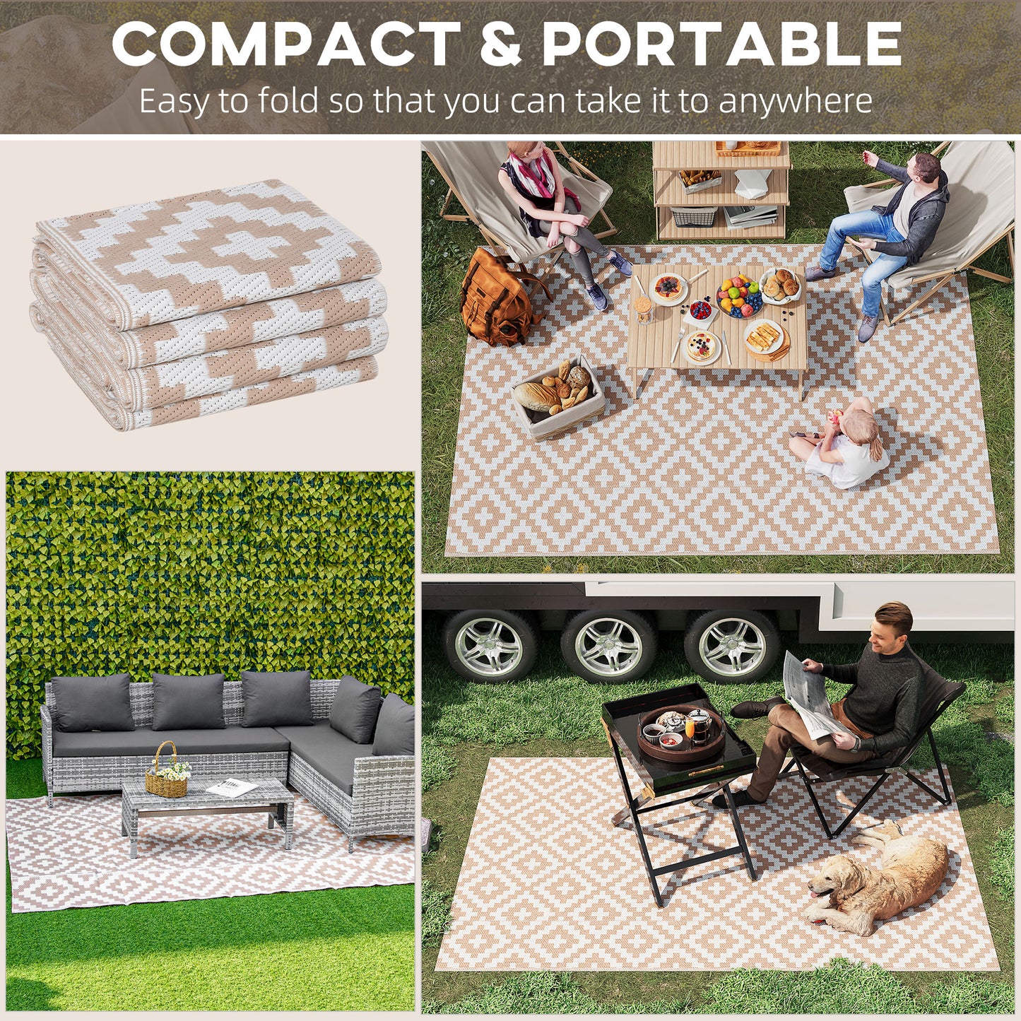 Reversible Outdoor RV Rug, Patio Floor Mat, 6' x 9' Plastic Straw Rug for Backyard, Deck, Beach, Camping, Coffee & White