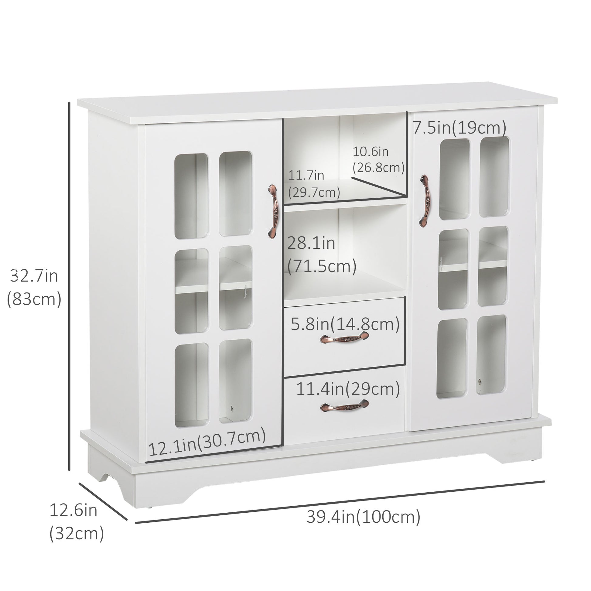 Modern Kitchen Sideboard with 2 Drawers, Coffee Bar Cabinet with Glass Doors Storage Cupboard and Open Shelf, White