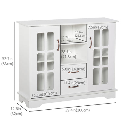 Modern Kitchen Sideboard with 2 Drawers, Coffee Bar Cabinet with Glass Doors Storage Cupboard and Open Shelf, White