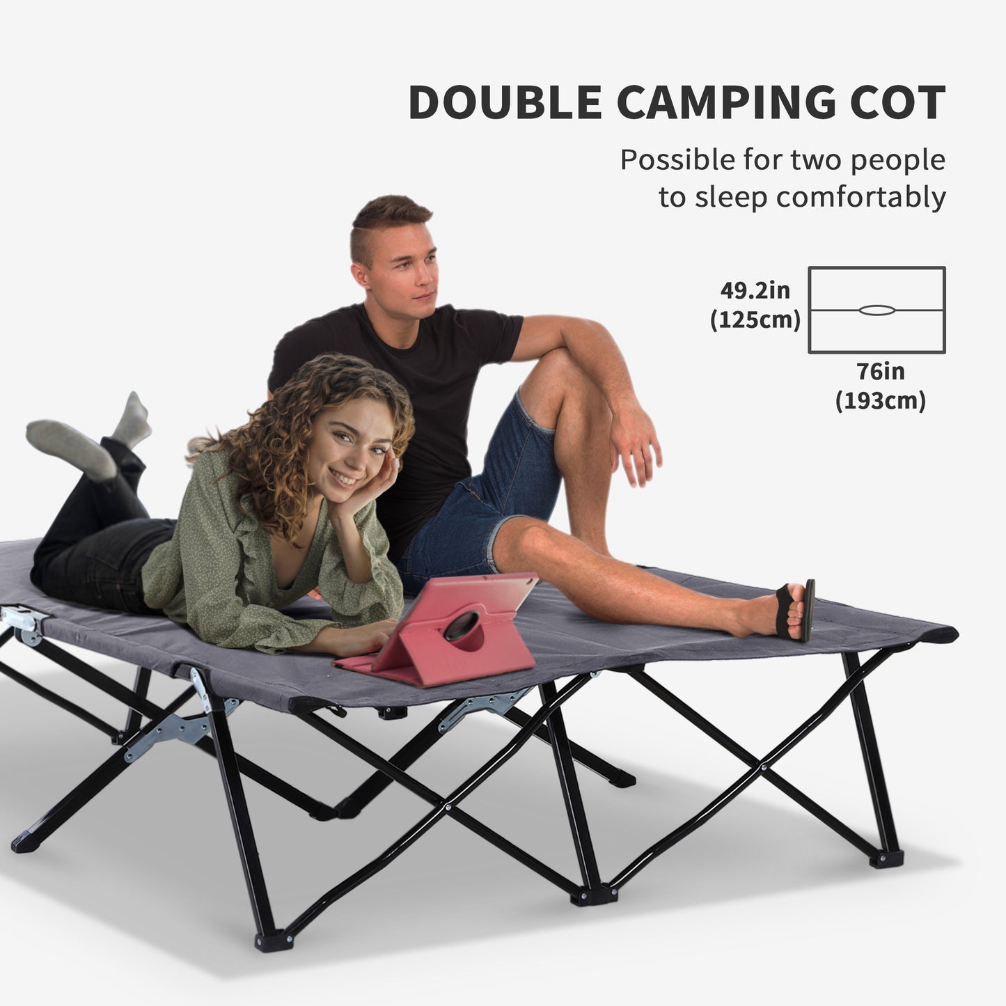 76" Two Person Folding Camping Cot Outdoor Portable Double Cot Wide Military Sleeping Bed w/ Carrying Bag Grey