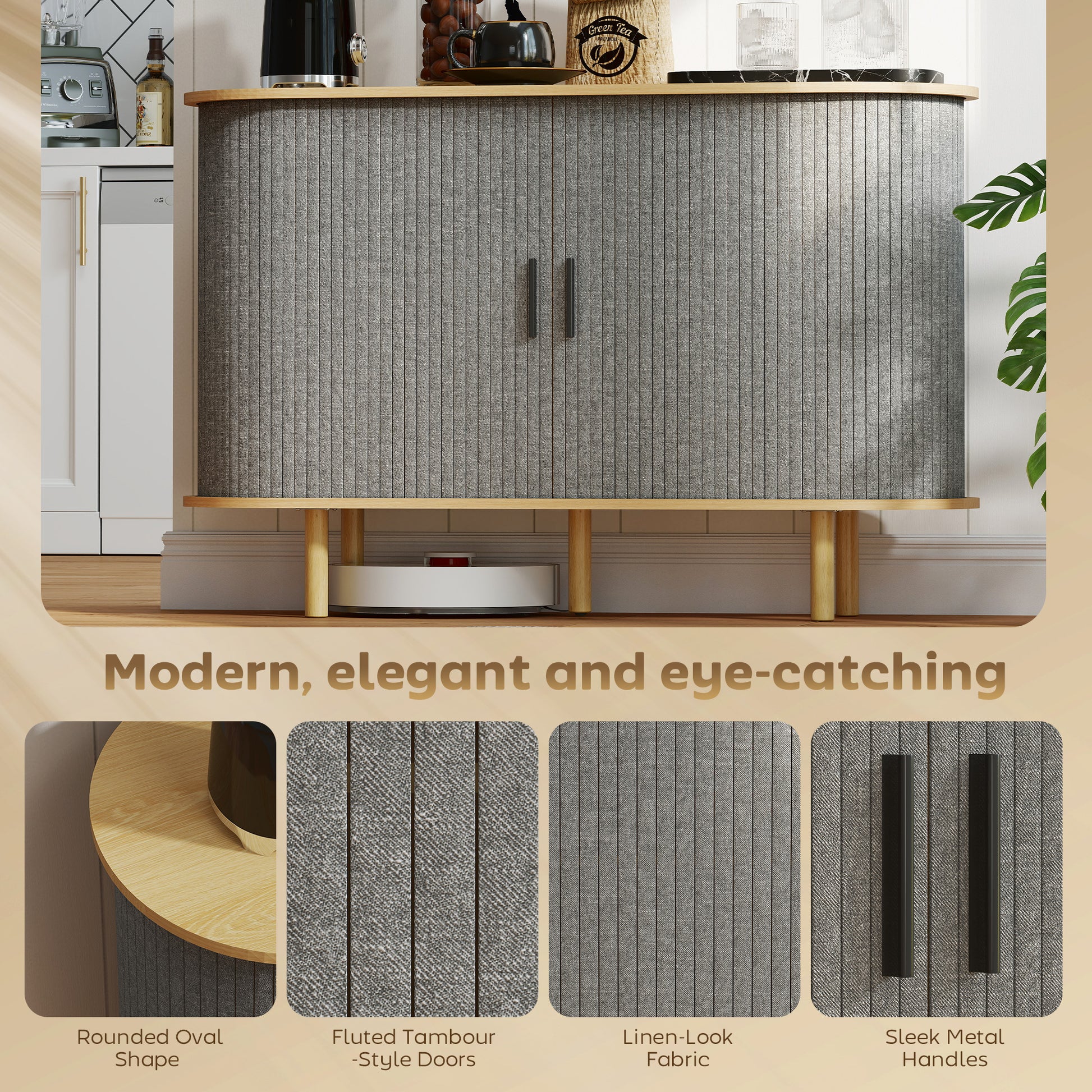 47" Buffet Cabinet with Tambour Sliding Doors, Fluted Sideboard with Storage Shelves and Wooden Legs, Grey