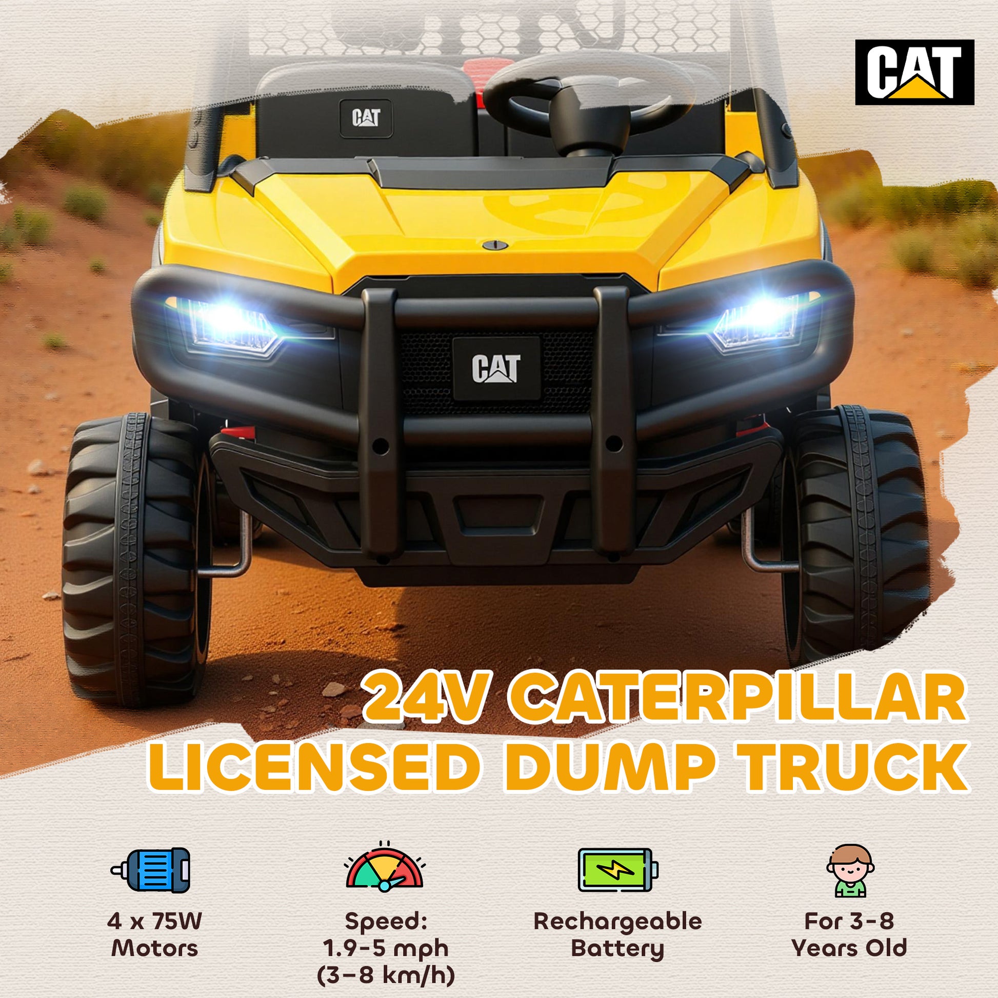 Qaba 24V Kids Ride on Tractor, 4WD 2 Seater Licensed Caterpillar Electric Vehicle with Remote Control, Dump Bed, Yellow