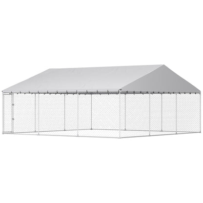 Heavy Duty Outdoor Dog Kennel with Waterproof Roof, Secure Latch, Chain Link Dog Run for Backyard, 19.7' x 19.7' x 8.9'