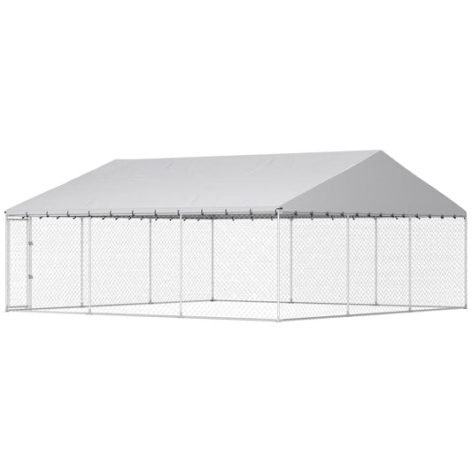 Heavy Duty Outdoor Dog Kennel with Waterproof Roof, Secure Latch, Chain Link Dog Run for Backyard, 19.7' x 19.7' x 8.9'