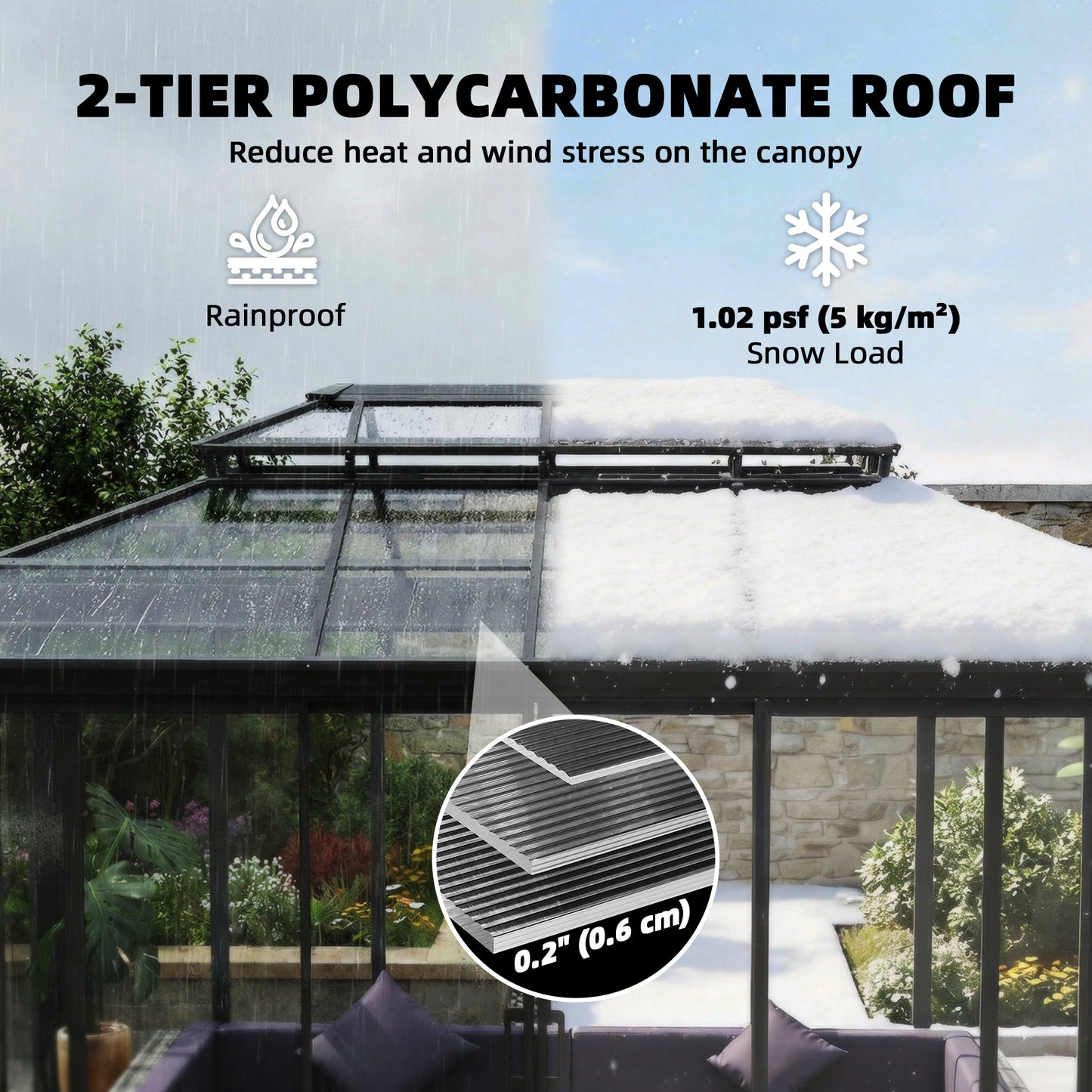 10' x 14' Sun Room with Double Roof Sliding Doors Hardtop Gazebo Solarium with Rain Gutter Dark Grey