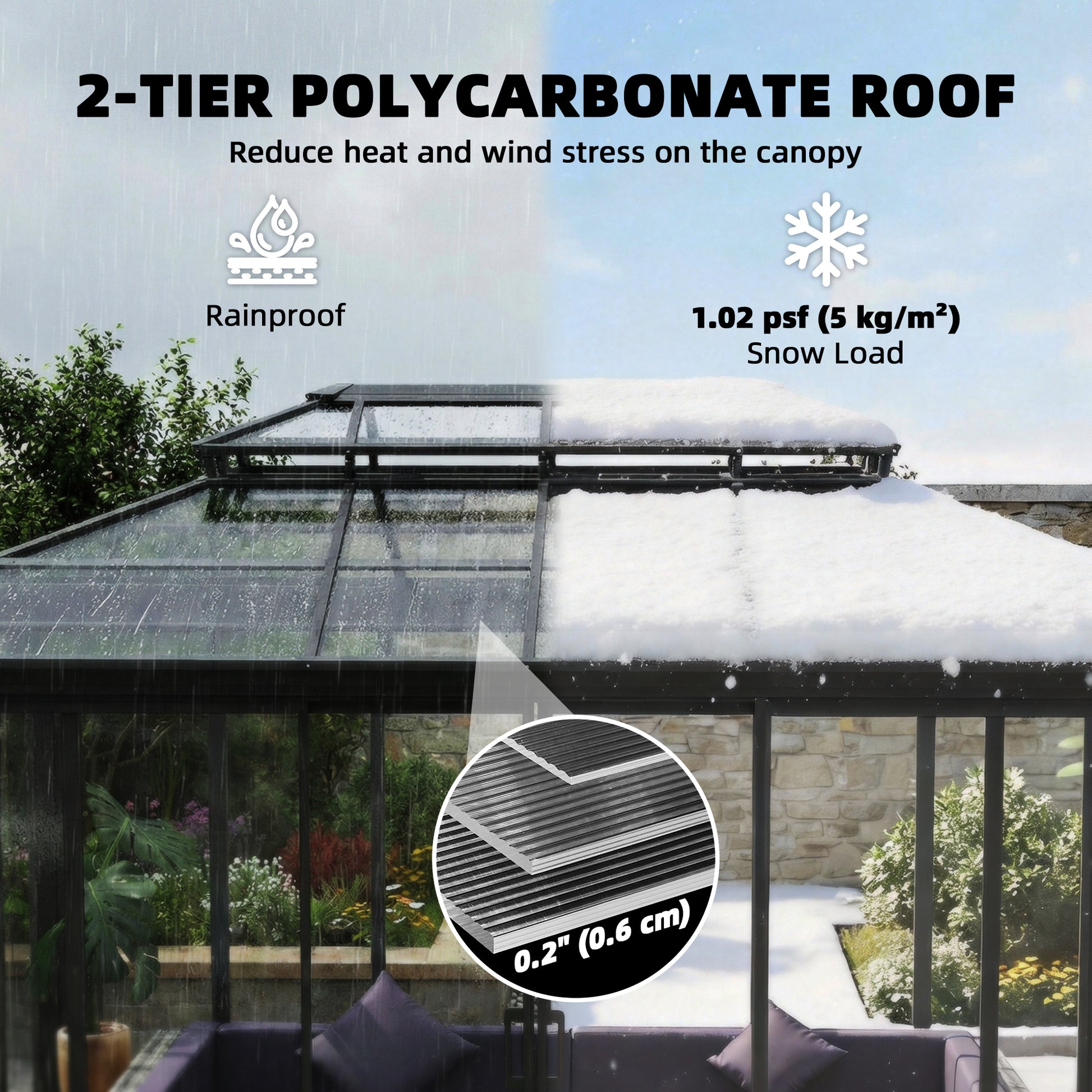 10' x 14' Sun Room with Double Roof Sliding Doors Hardtop Gazebo Solarium with Rain Gutter Dark Grey