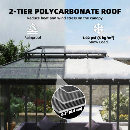 10' x 14' Sun Room with Double Roof Sliding Doors Hardtop Gazebo Solarium with Rain Gutter Dark Grey