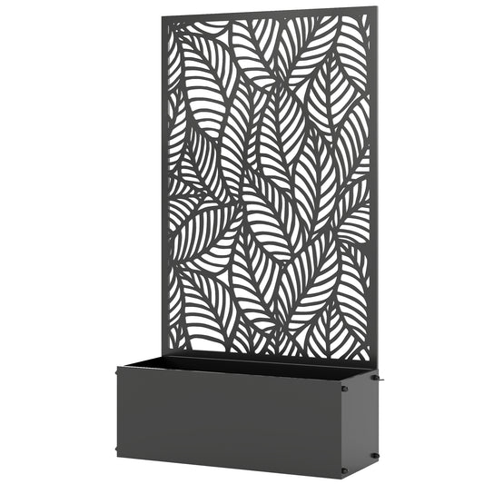 Metal Planter Box with Trellis, 44.5" Raised Garden Bed with Trellis Privacy Screen for Climbing Plants, Leaves Cut-Out