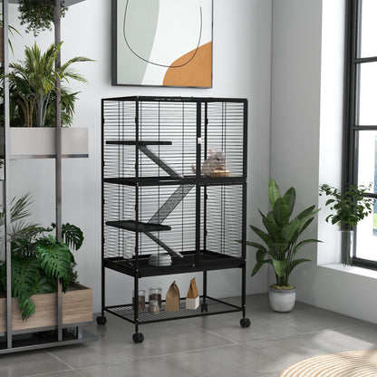 Rolling Small Animal Cage 54"H Chinchilla Cage for Ferrets, Squirrels w/ Removable Tray, Storage Shelf, Black