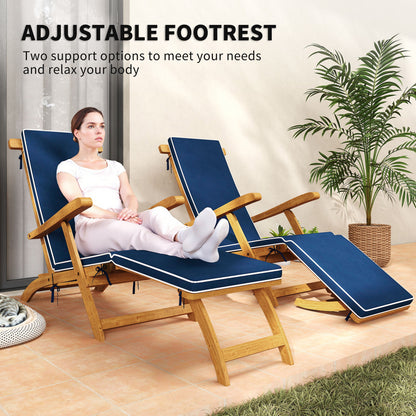 Folding Patio Lounge Chair with Padded Cushion, Acacia Wood Patio Lounger Recliner with Footrest for Garden, Navy Blue