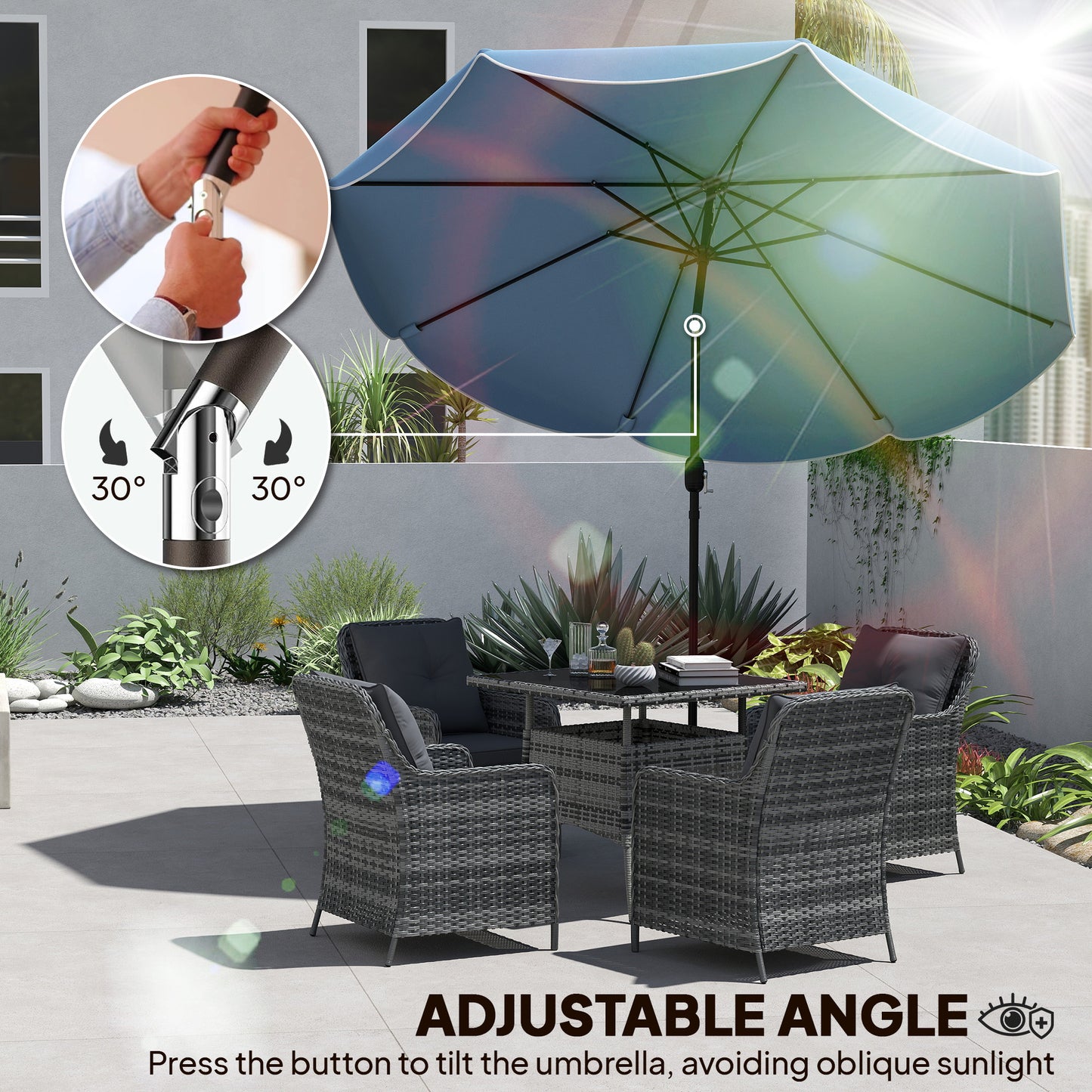 9' x 9' Round Market Umbrella with Valance, Patio Umbrella with Tilt and Crank, for Garden, Deck, Poolside, Sky Blue