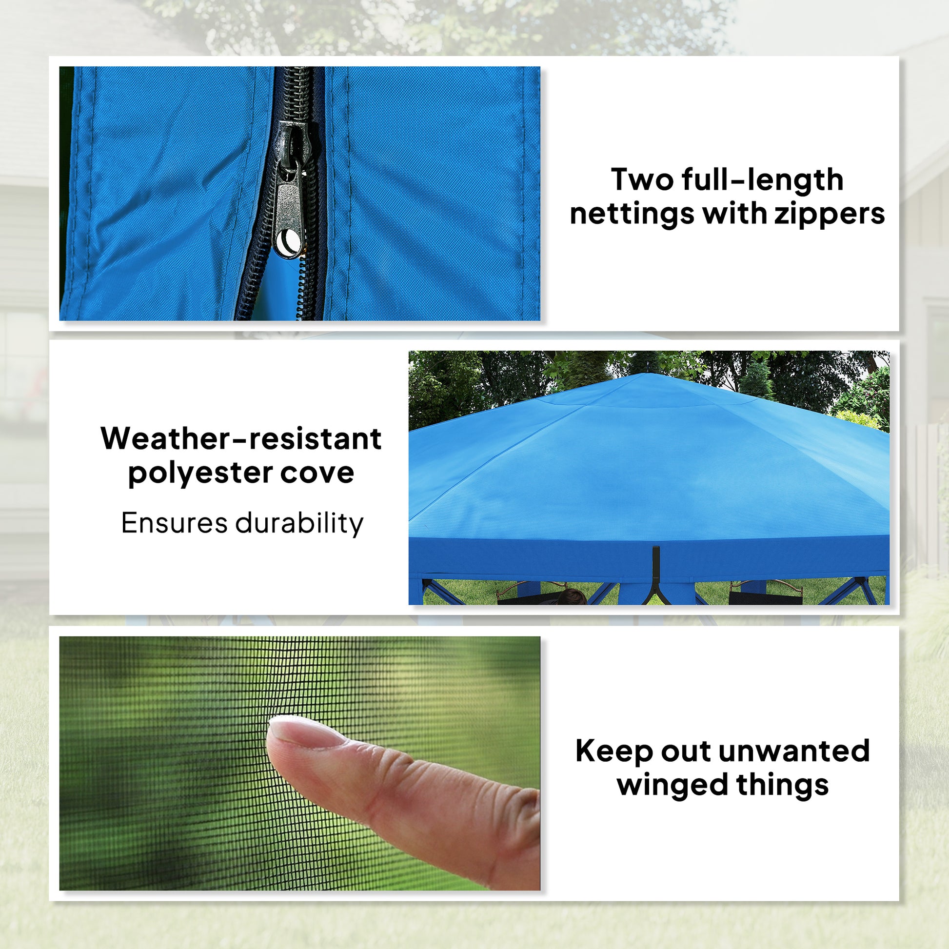 12' x 12' Hexagon Automatic Pop Up Screen Tents, Camping Shelter w/ Mesh Sidewalls and Carry Bag Blue