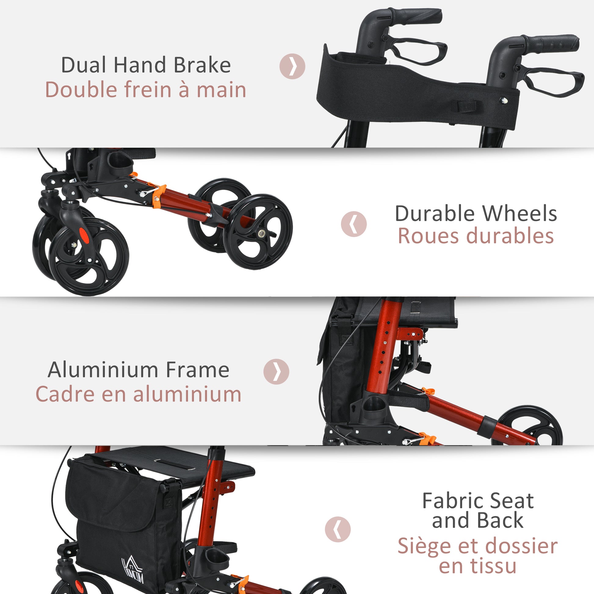 Rollator for Seniors with Seat, Back, Cane Holder, Aluminium Folding Rolling Walker with Adjustable Handle, Bag, Red