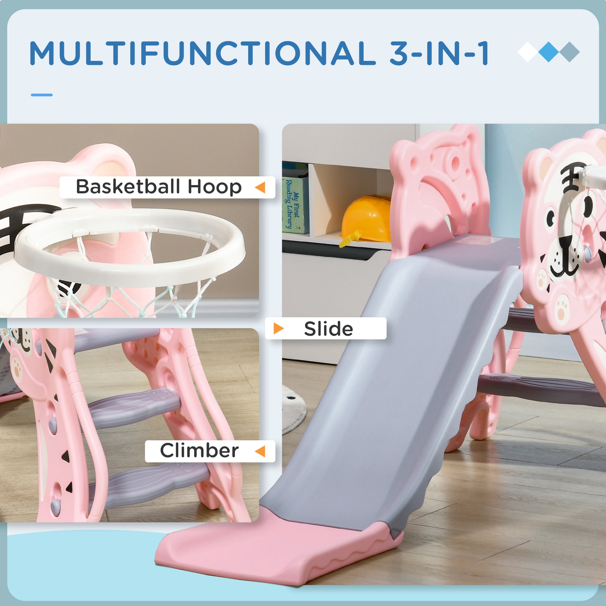 Qaba 3 in 1 Slide for Toddlers, Kids Slide Playset with Basketball Hoop, Climber, for 18-36 Months, Pink