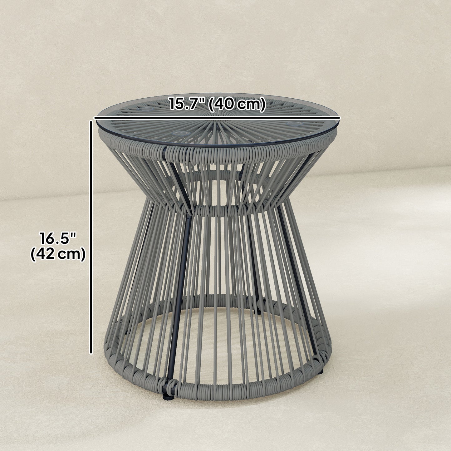 Round End Table, Rattan Side Table, Hollow Drum Design Coffee Table w/ Glass Top for Patio, Garden, Balcony, Dark Grey