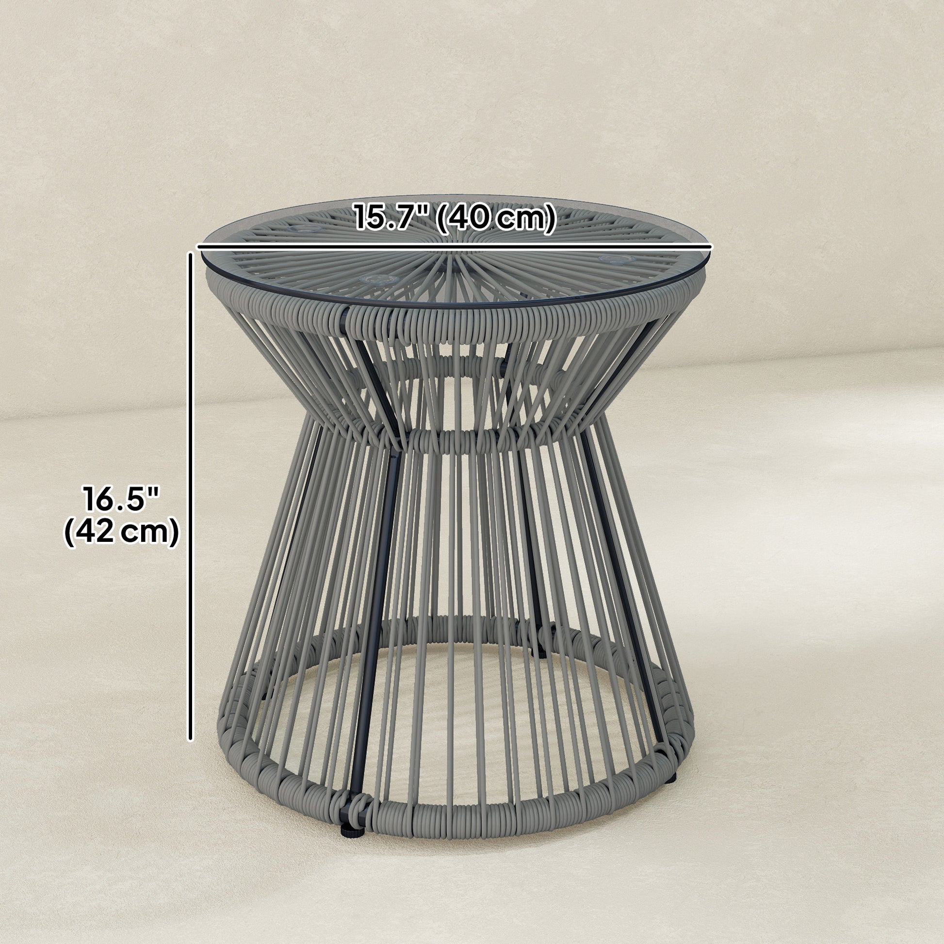 Round End Table, Rattan Side Table, Hollow Drum Design Coffee Table w/ Glass Top for Patio, Garden, Balcony, Dark Grey