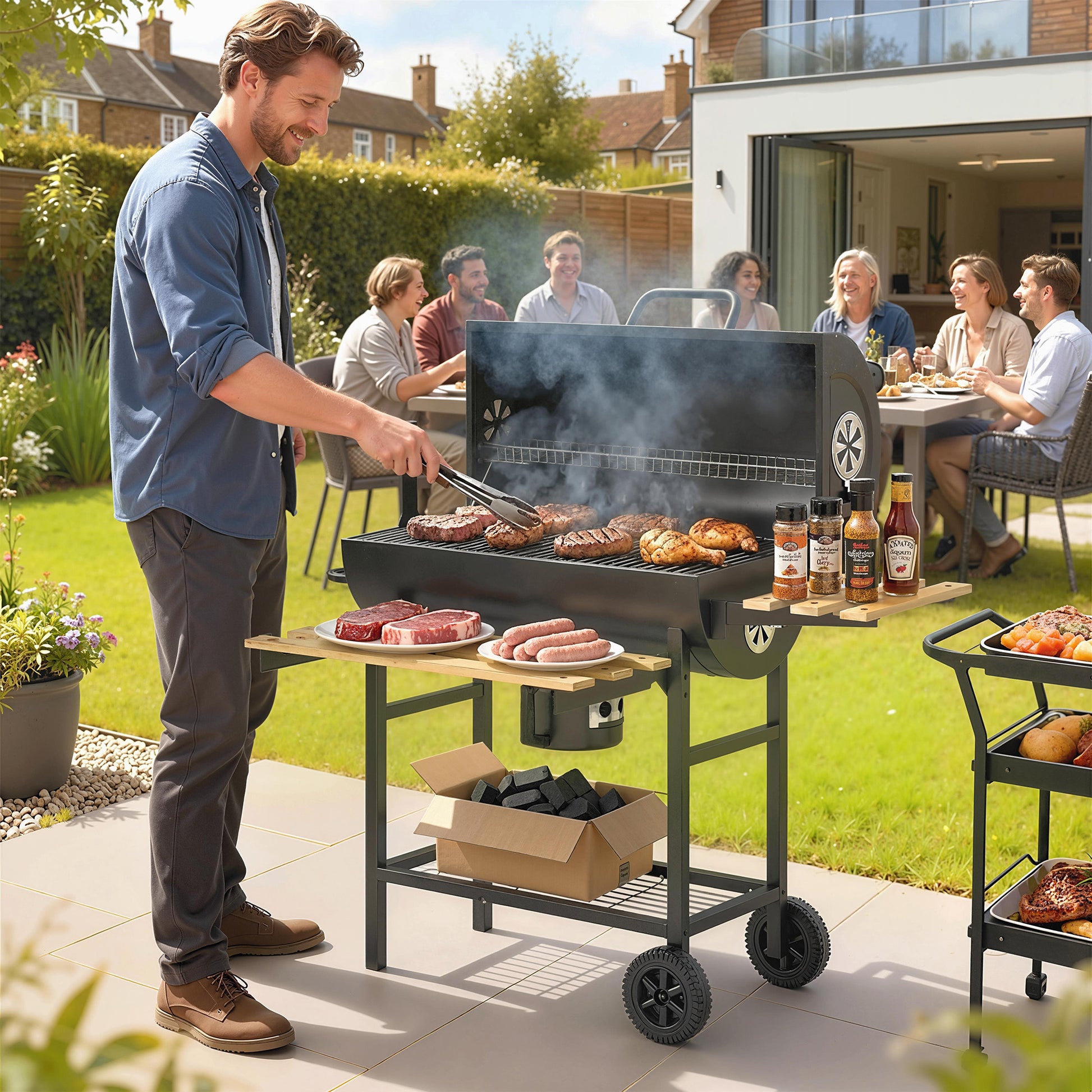 Charcoal BBQ Grill with Foldable Shelves, Barbecue Grill with Warming Rack, Thermometer, Wheels, Natural Wood and Black