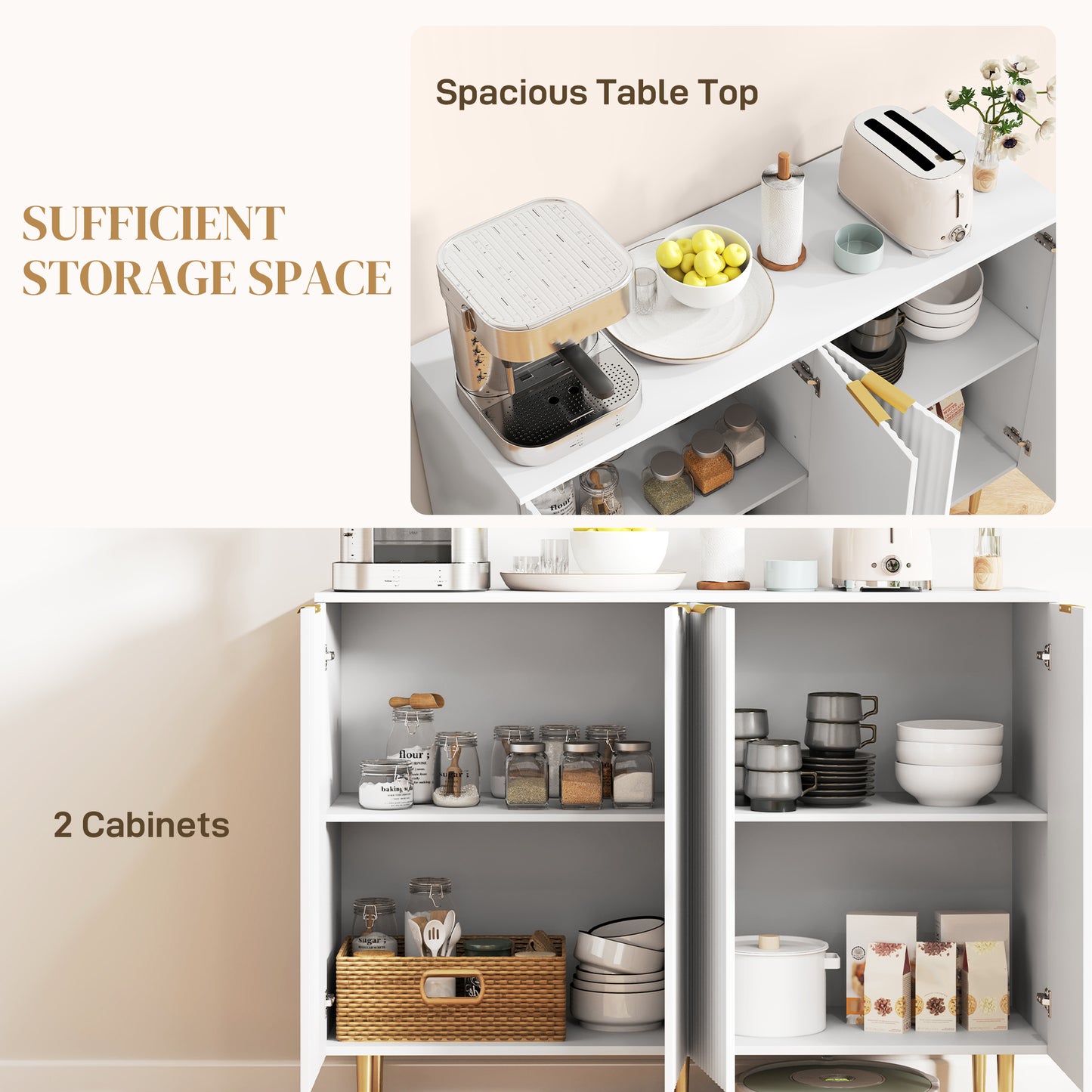 Modern Kitchen Storage Cabinet, Sideboard Buffet Cabinet with Adjustable Shelves for Kitchen Hallway, White