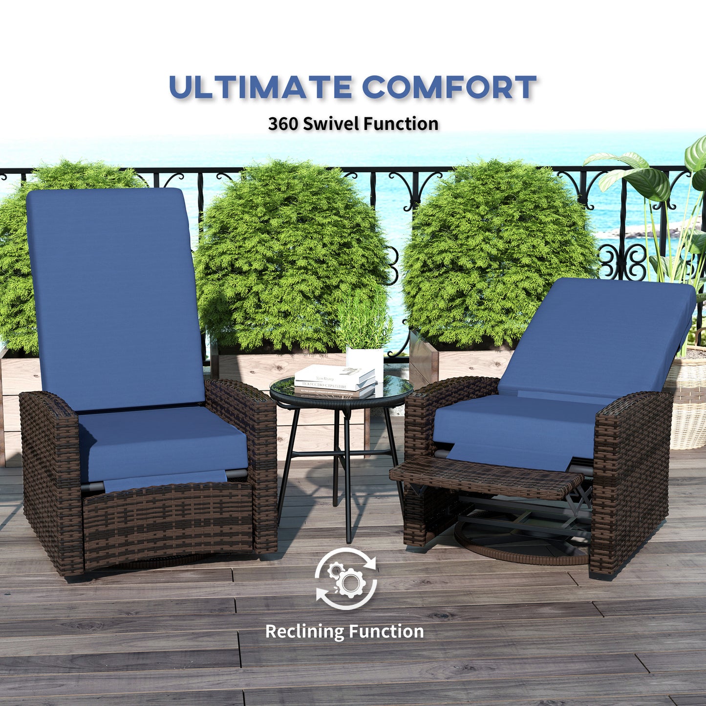 Outdoor Rattan Wicker Lounge Chair with Footrest & Soft Cushion for Patio, Garden, Backyard, Dark Blue
