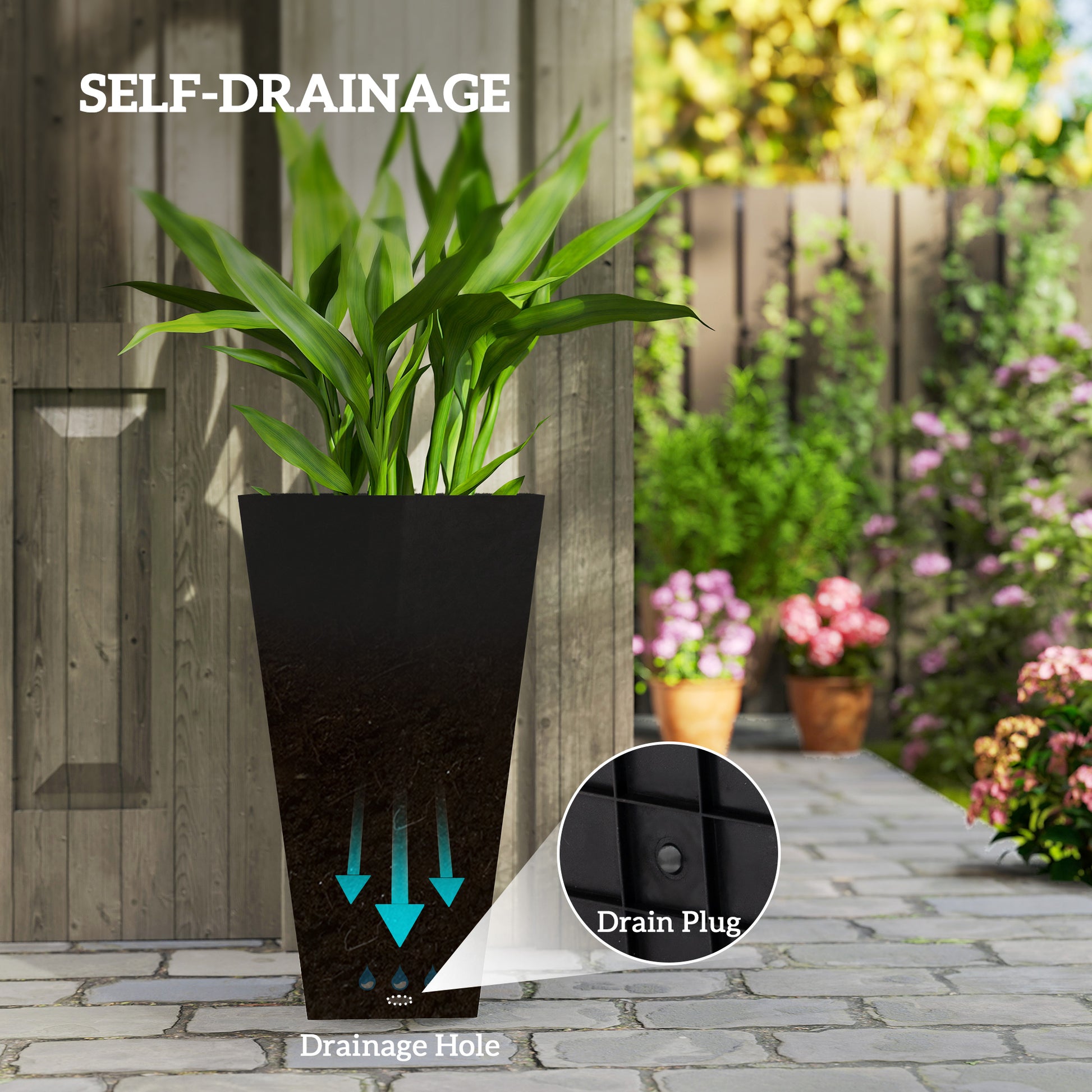 28" Tall Garden Plastic Planters, Outdoor and Indoor Flower Pots, Set of 3 for Entryway, Patio, Yard, Black