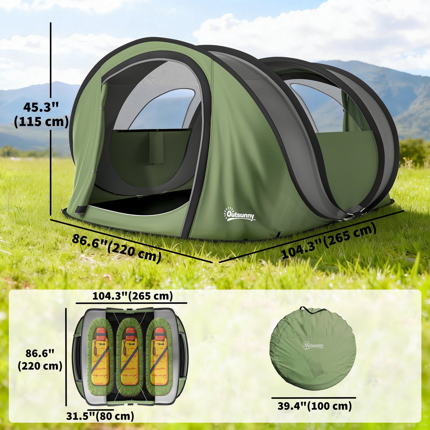 Family Tent Pop-Up Camping Tent with 2 Doors 2 Windows for 4-5 Person Waterproof Green