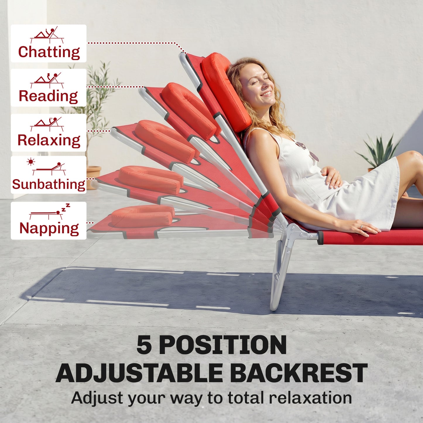 Folding Lounge Chair Outdoor, Tanning Chair with Face Hole Arm Slots, Beach Chaise Lounger with Pillow, 5-Position Adjustable Portable Sun Lounger Bed for Pool, Red