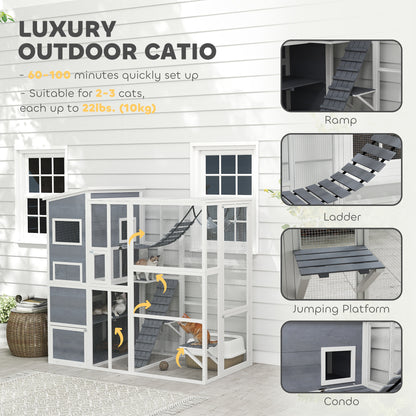 76" Catio Outdoor Cat Enclosure with Cat Condo, Jumping Platforms, Ladder, Ramps, Hammock for 2-3 Indoor Cats, Grey