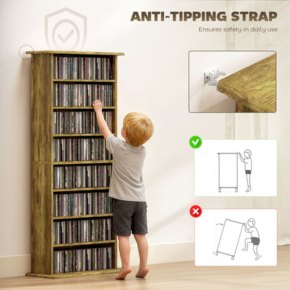 8-Tier DVD Shelf with 6 Adjustable Shelves, Slim CD Shelf, Holds 360 CDs, 185 DVDs or 185 Blu-rays, Rustic Brown