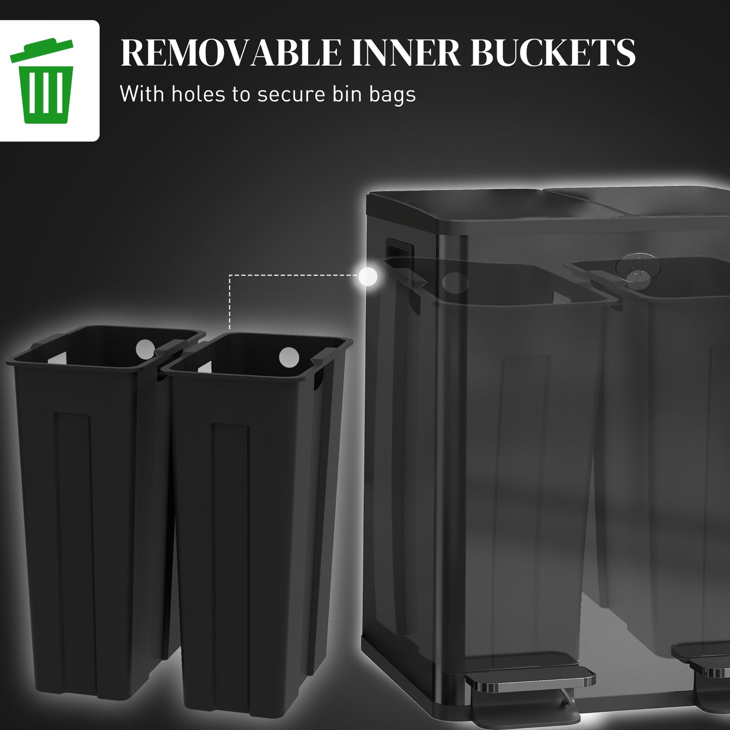 Dual Garbage Bin, Soft-Close Trash Can with Foot Pedal, 2 x 20 Liter Garbage Can with Removable Inner Buckets, Black