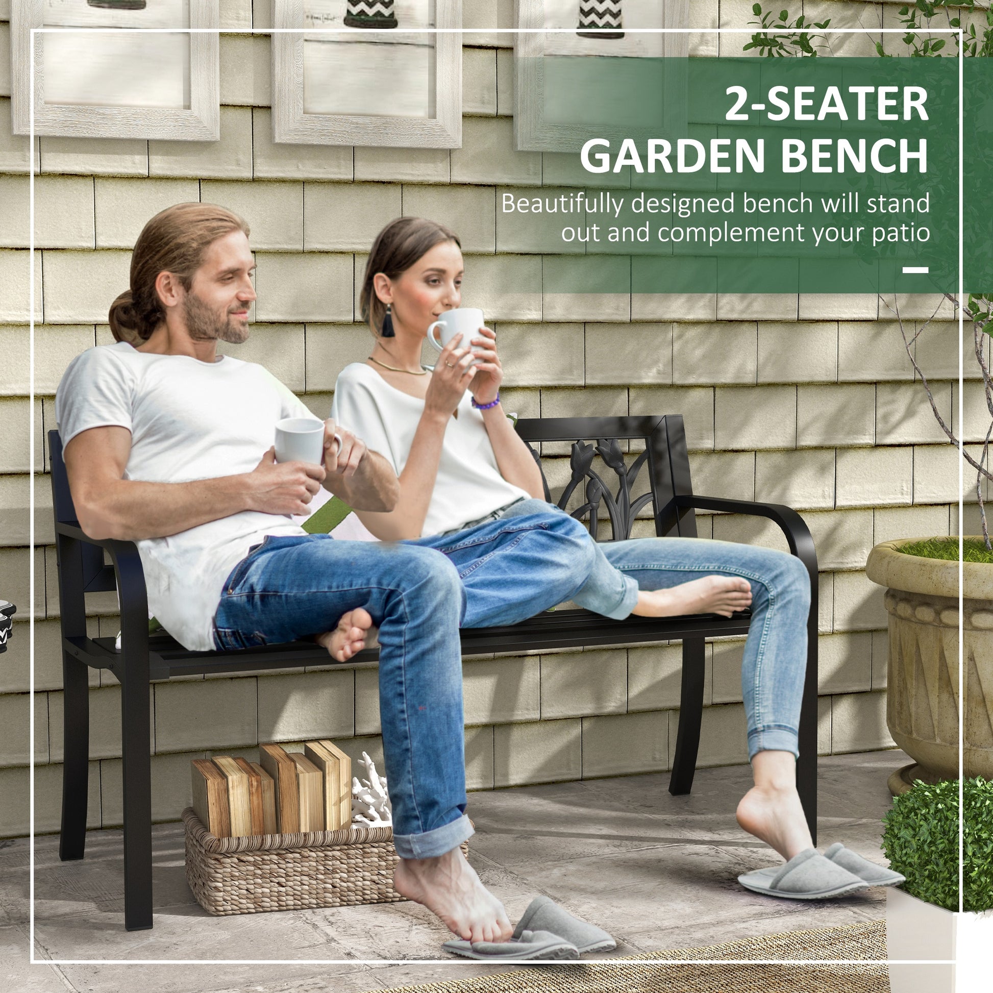 49" Metal Outdoor Bench Patio Bench with Curved Arms and Slatted Seat for Patio, Backyard, Lawn