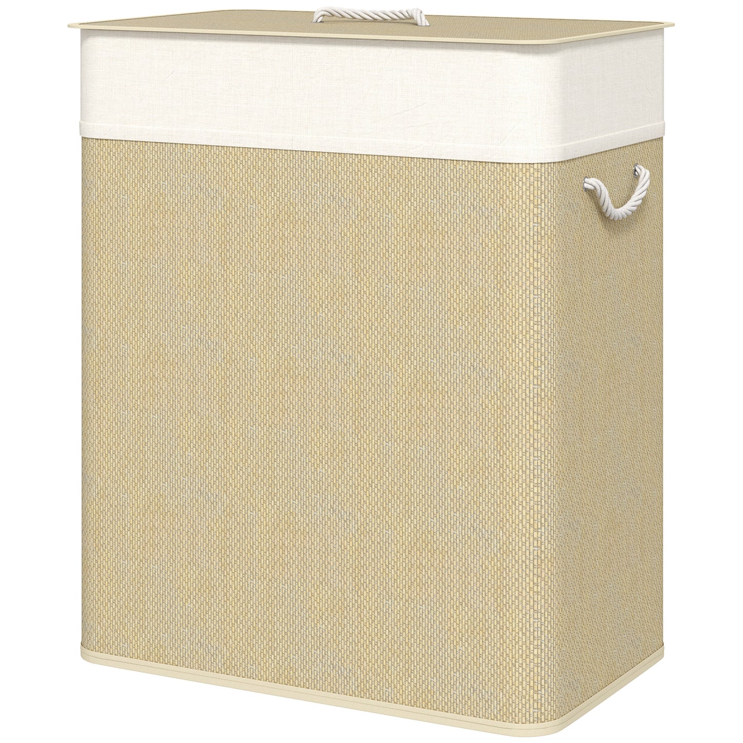 Double Laundry Basket with Lid, 100L Bamboo Laundry Hamper with Rope Handles and Removable Bags, Natural
