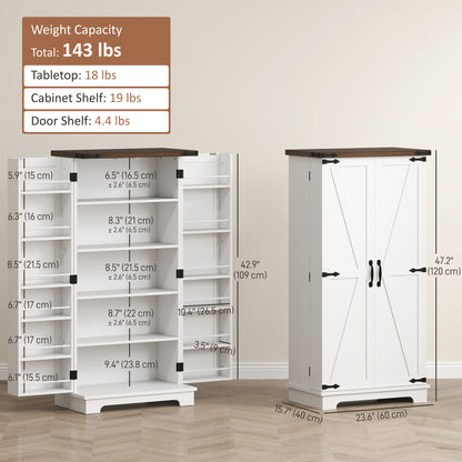 47" Kitchen Pantry Storage Cabinet, Farmhouse Kitchen Pantry Cabinet with Adjustable Shelves and Door Shelves, White