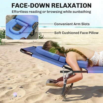 Folding Chaise Lounge Chair, Reclining Beach Tanning Chair with Face Hole, Pillow, 4-Position Adjustable Lay Flat Sun Lounger, Steel Frame for Outdoor Patio Pool, Blue