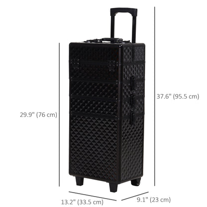 4 in 1 Portable Aluminum Makeup Case Train Cases, Rolling Makeup Case with 2 Wheels, Multiple Compartments and Lift Handle
