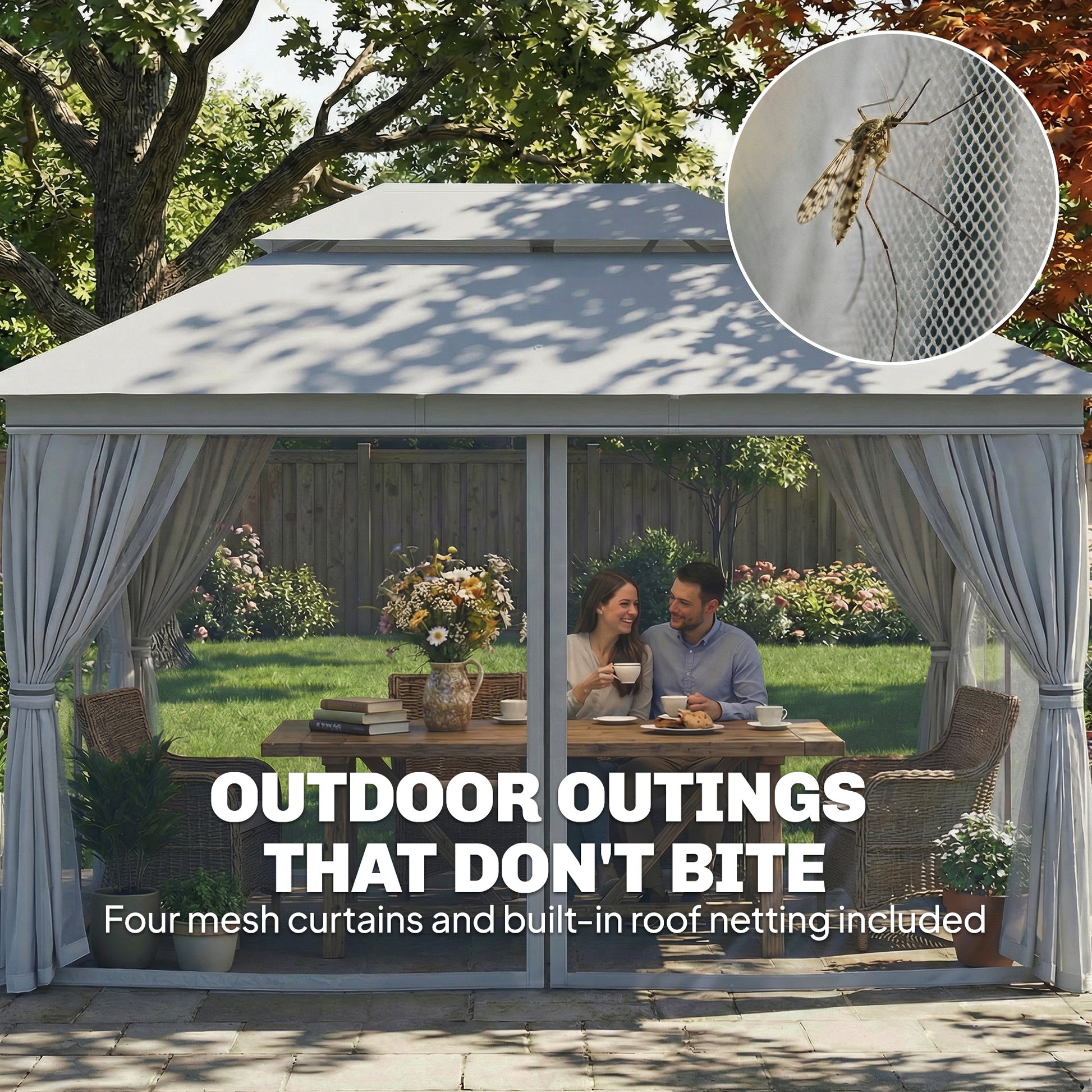 10' x 13' Patio Gazebo, UPF50+ Double Roof Outdoor Gazebo Canopy with Netting and Curtains, Steel Frame, Dark Grey
