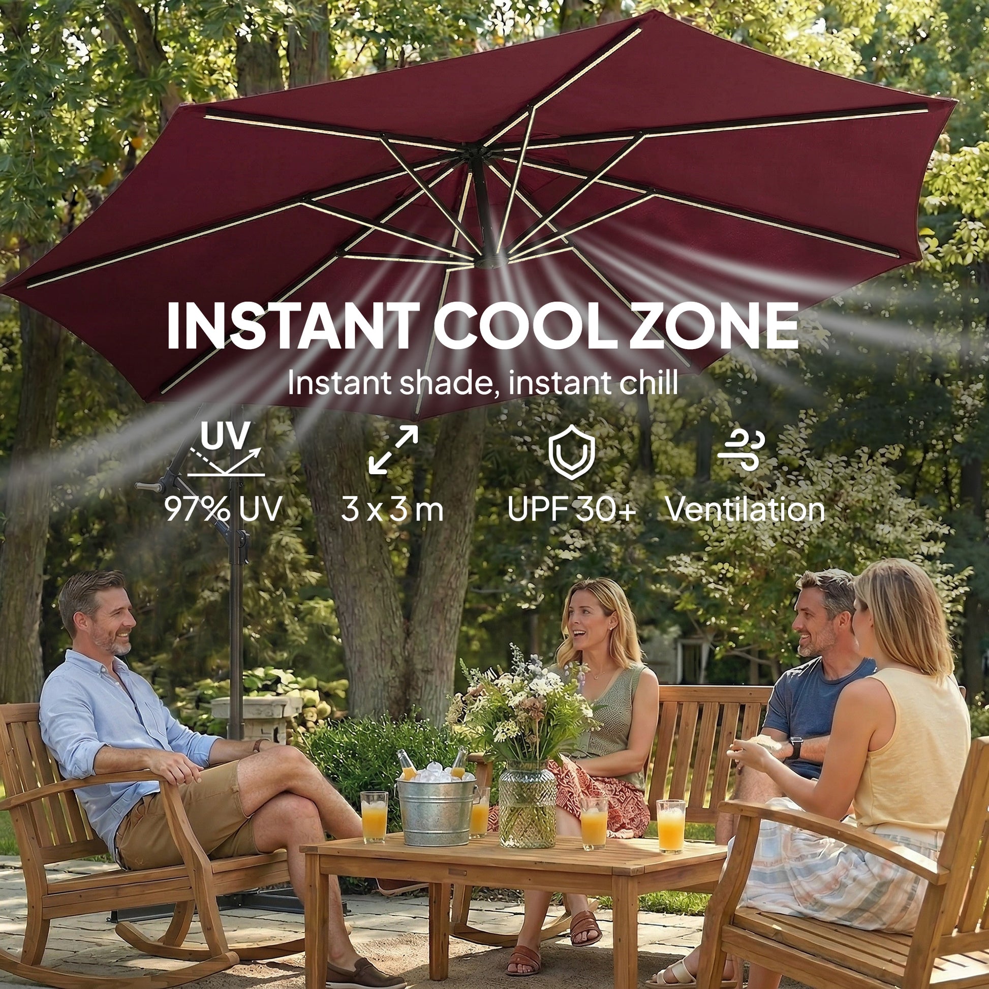 10 ft Offset Patio Umbrella with Solar Light, Garden Hanging Parasol with 360° Rotation, Tilt, Cover, Wine Red