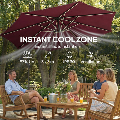 10 ft Offset Patio Umbrella with Solar Light, Garden Hanging Parasol with 360° Rotation, Tilt, Cover, Wine Red
