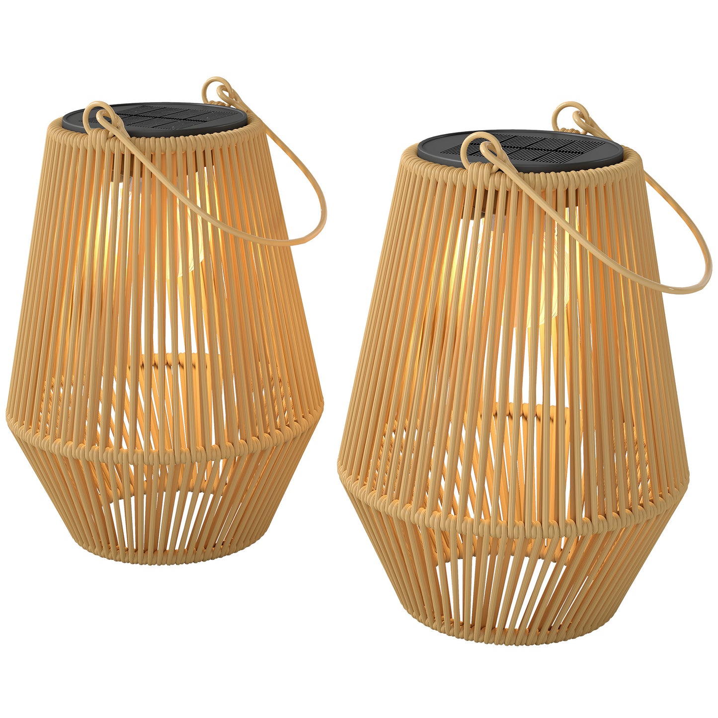 2 Pack Wicker Solar Lanterns Outdoor Waterproof Hanging Lights with Auto On/Off and Handles, Brown