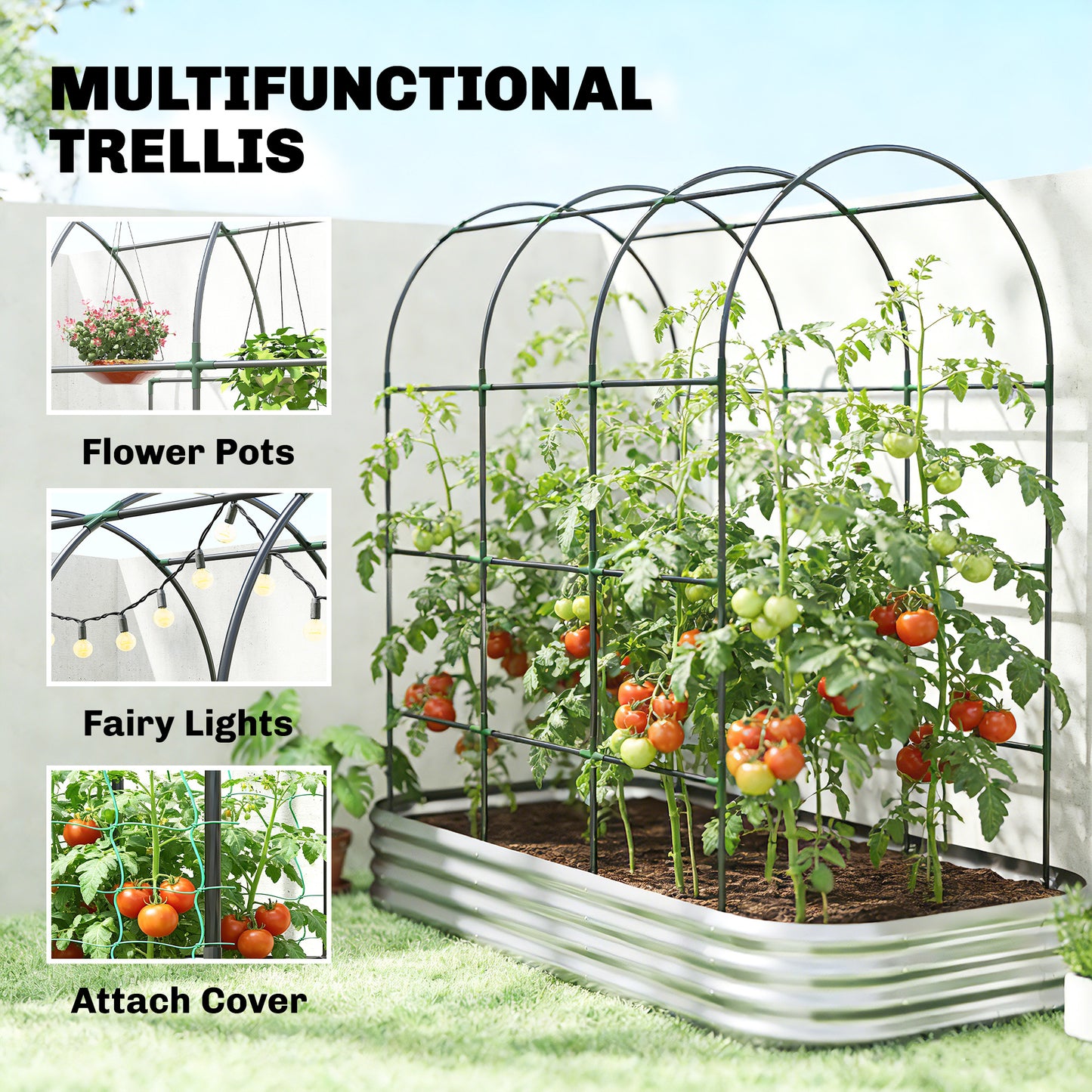 Galvanised Raised Garden Bed with Arched Trellis, 7 x 4 x 7ft Metal Outdoor Planter Box with Open Bottom
