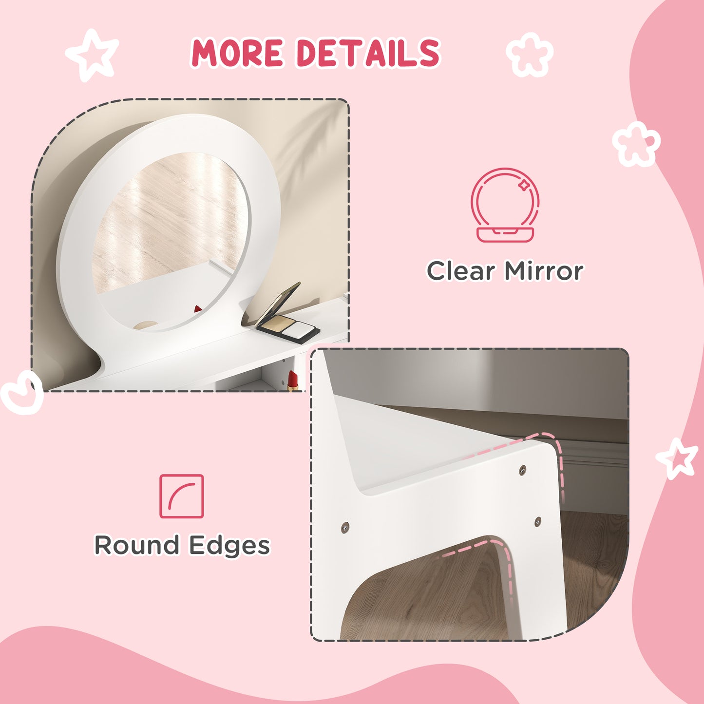 Qaba Kids Vanity Set, Children Makeup Table with Mirror, Stool and Storage Drawers, for Ages 3-8, White