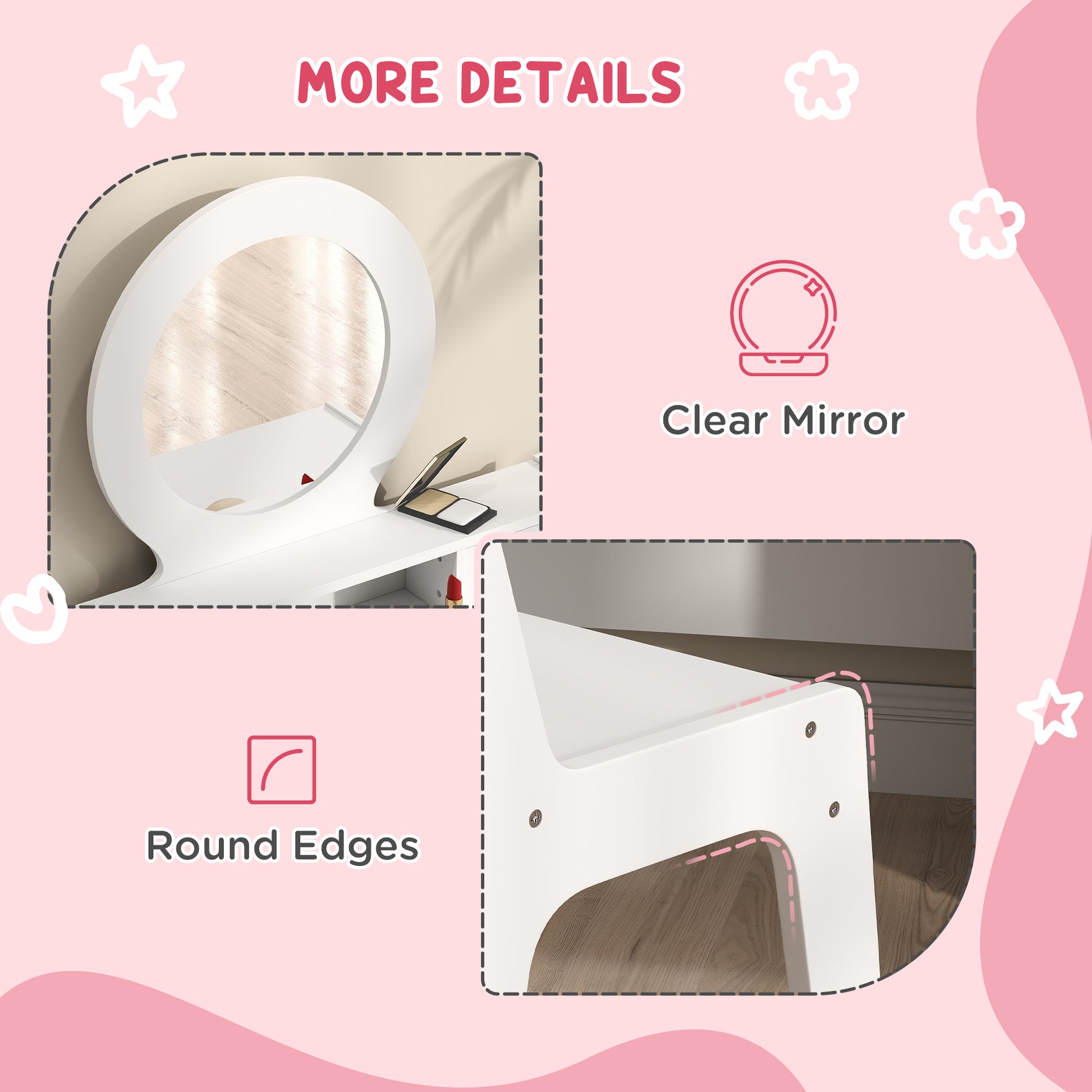 Qaba Kids Vanity Set, Children Makeup Table with Mirror, Stool and Storage Drawers, for Ages 3-8, White