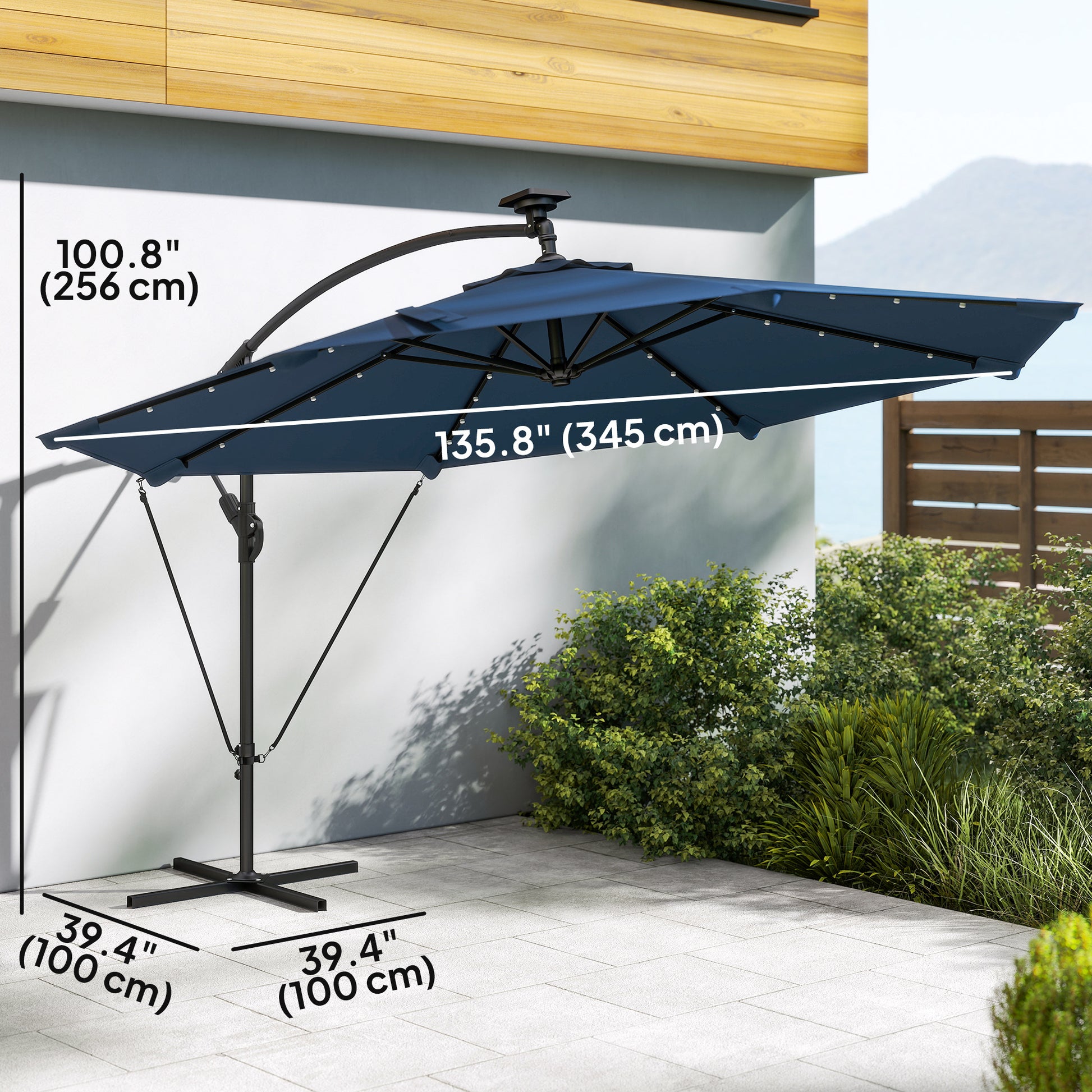 11.3 ft Cantilever Patio Umbrella with Light, Cover, Aluminium UPF50+ Offset Outdoor Umbrella Parasol, Navy Blue