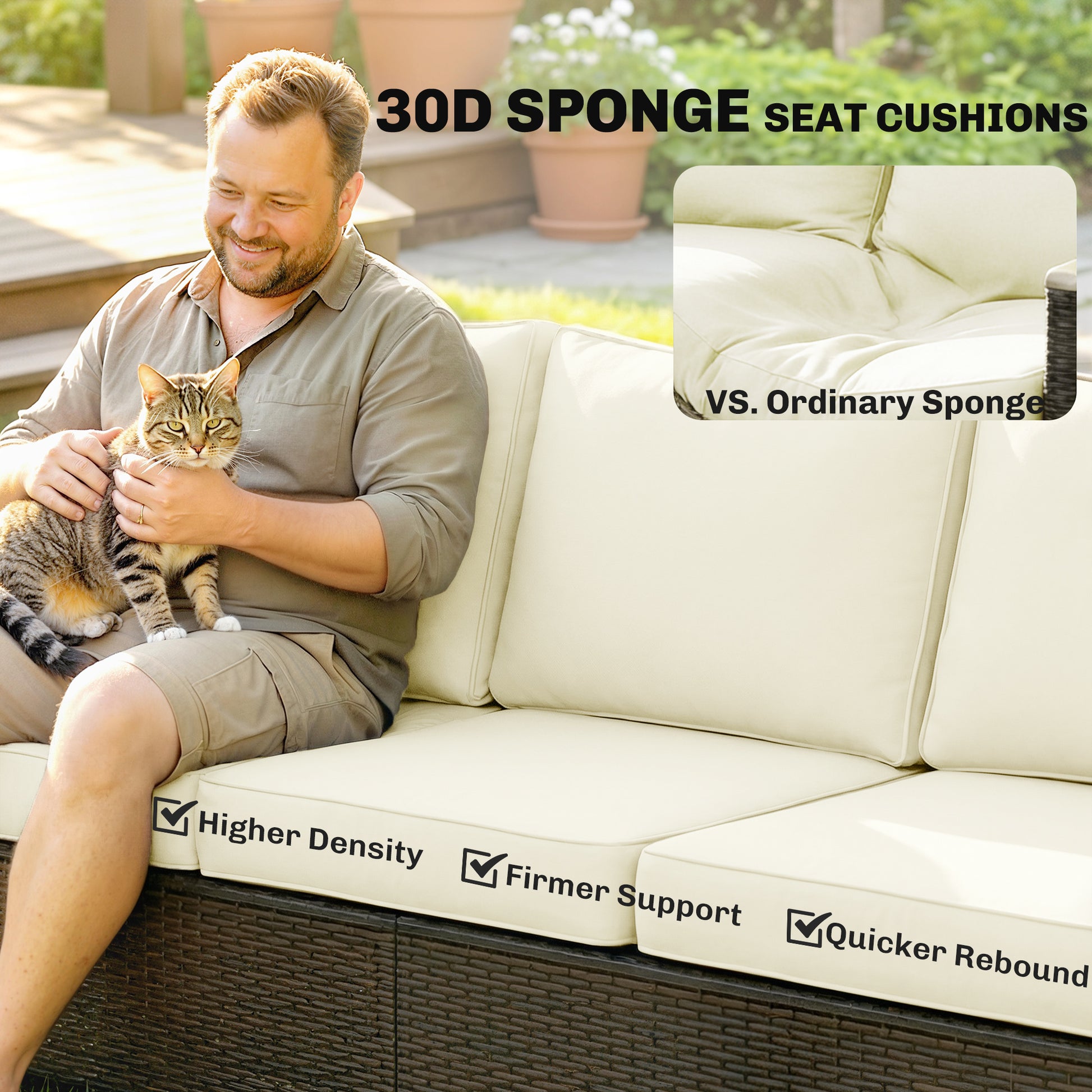 3 Seater Outdoor Couch Sofa, PE Wicker Patio Furniture Couch, Wide Seat, 4" Cushions, Wood-Effect Armrests, Cream White