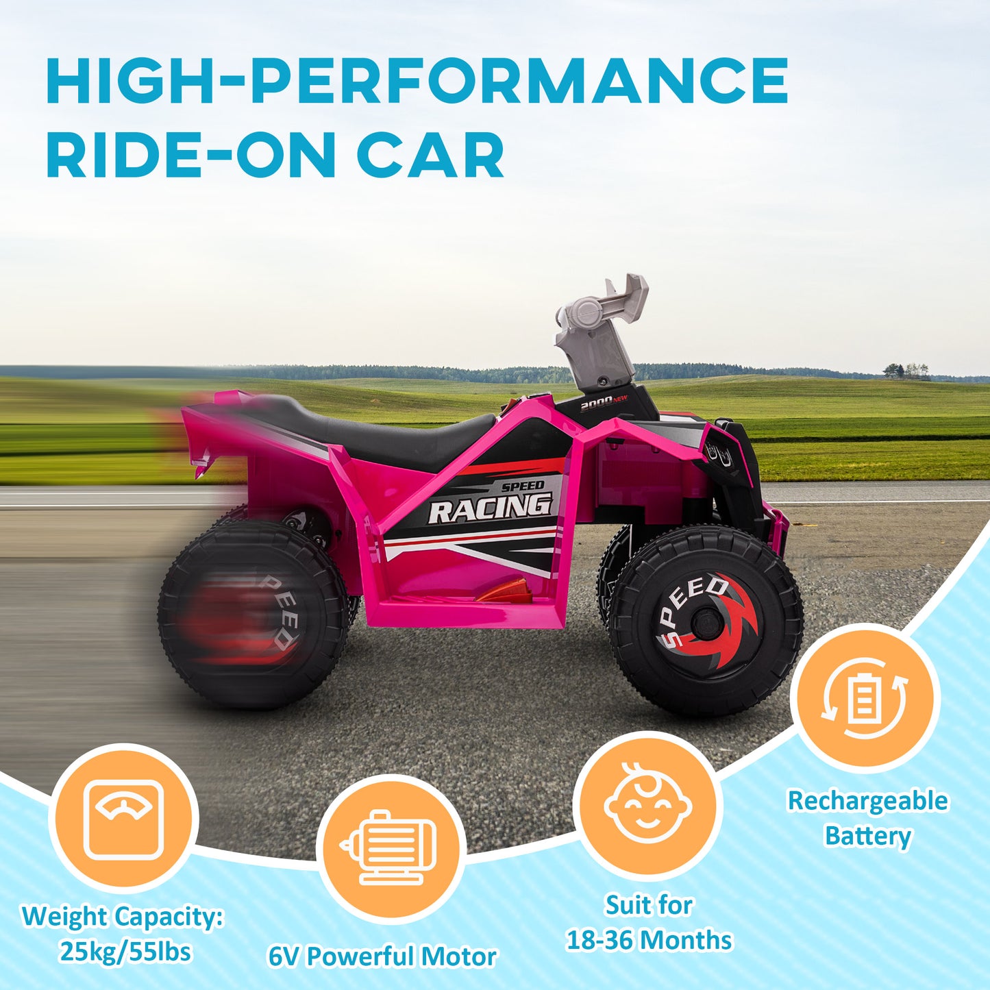 Aosom 6V Quad Kids Electric Car with Wear-resistant Wheels, for Boys and Girls Aged 18-36 Months, Pink