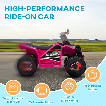 Aosom 6V Quad Kids Electric Car with Wear-resistant Wheels, for Boys and Girls Aged 18-36 Months, Pink