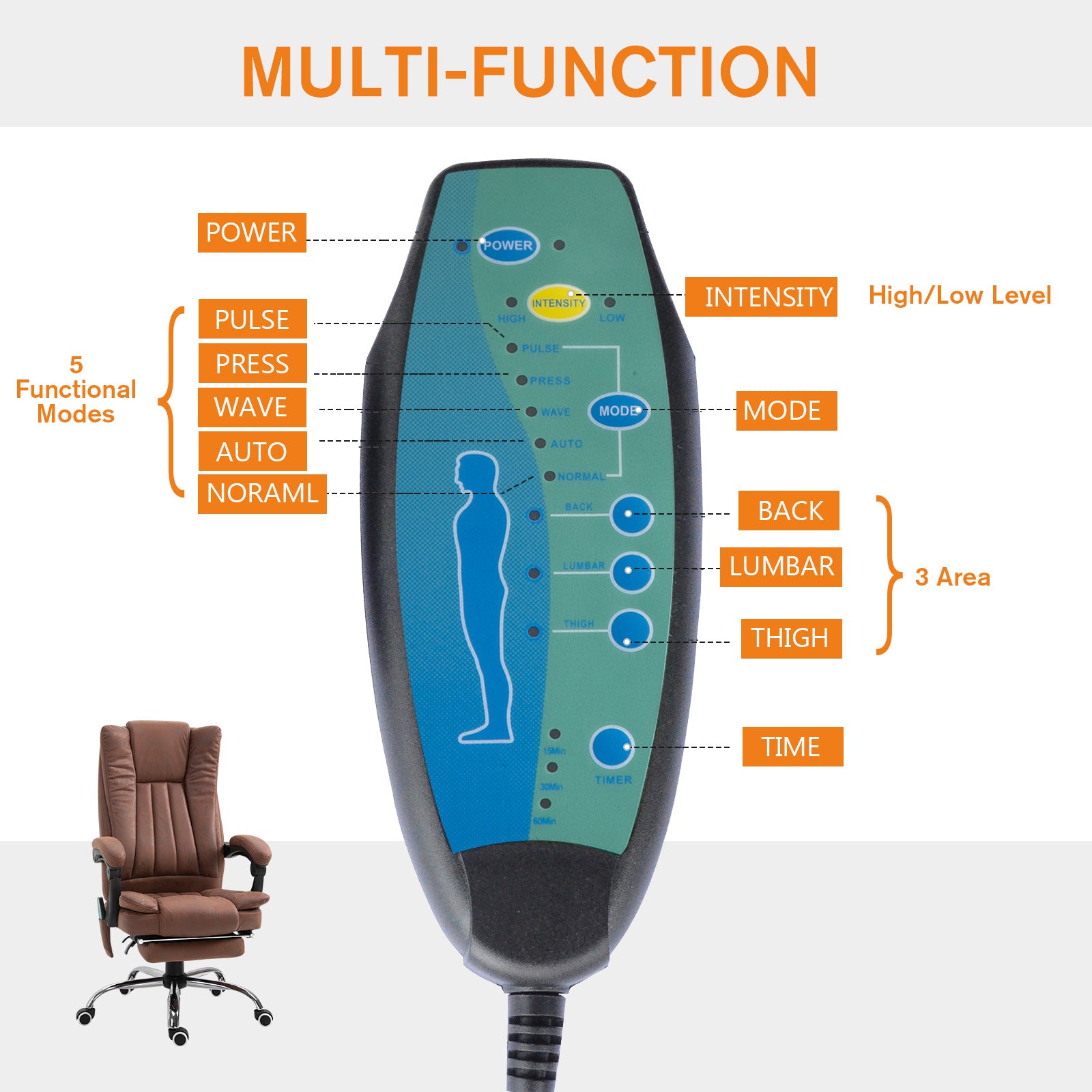 Office Chair 6-point Vibration Massage Chair Micro Fiber Recliner with Retractable Footrest Brown