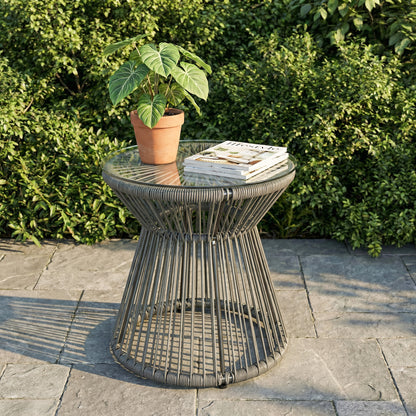 Round End Table, Rattan Side Table, Hollow Drum Design Coffee Table w/ Glass Top for Patio, Garden, Balcony, Dark Grey